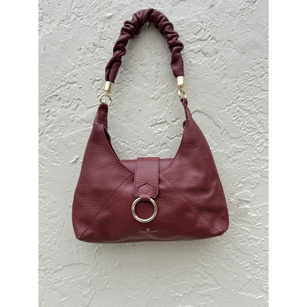 Chiara Ferretti Burgundy Pebbled Leather Hobo Bag Scrunchie Strap Gold Hardware